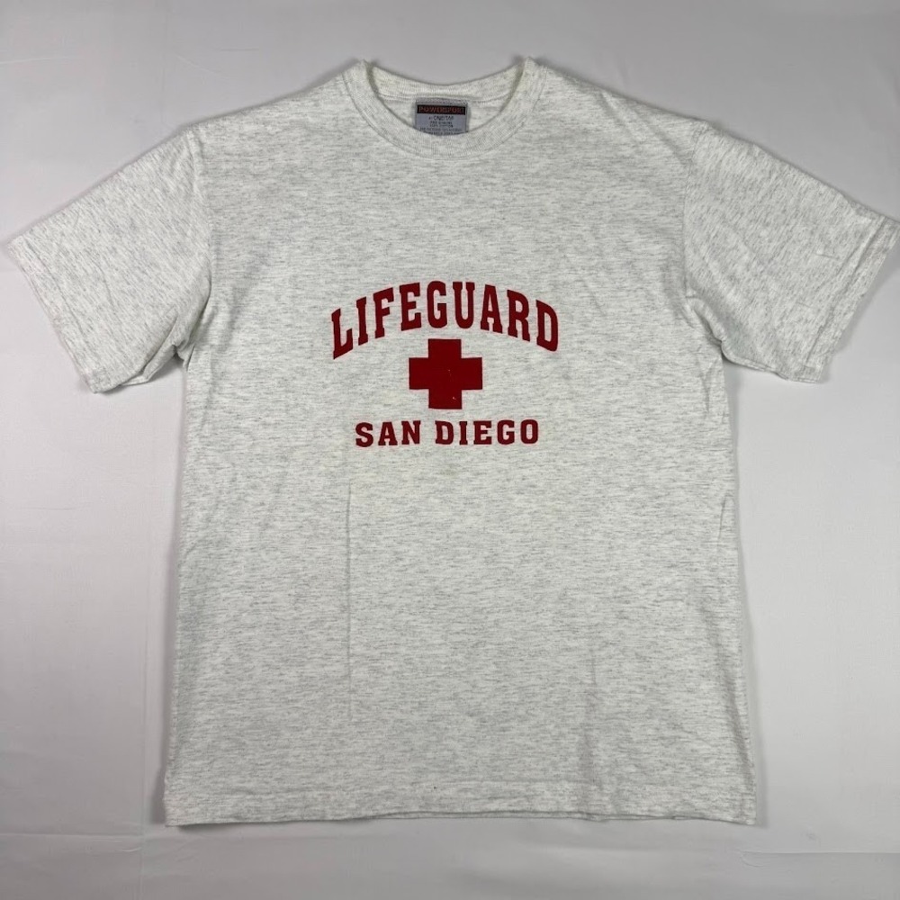 Vintage Powersport Oneita San Diego Lifeguard T Shirt Grey Red Mens Medium